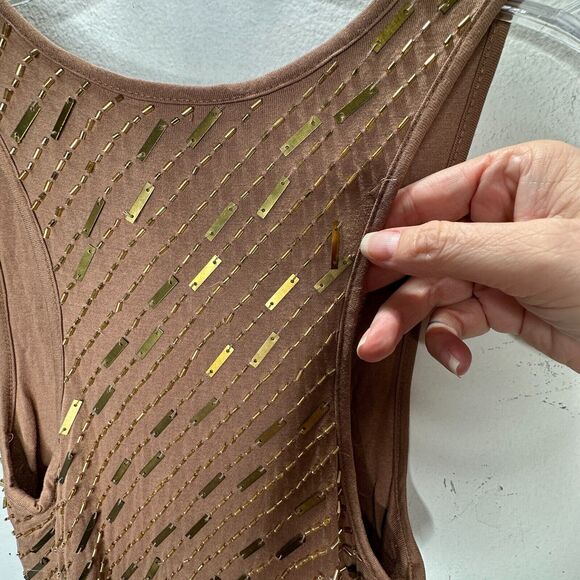 Haute Hippie Chocolate Brown Tank Mini Dress Side Ruche Gold & Beaded Adornment - Picture 8 of 14